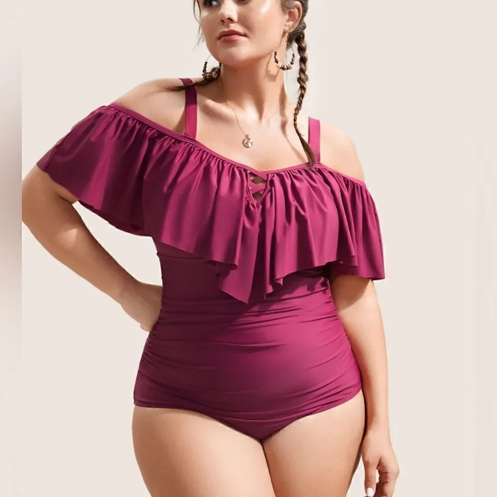 NWT BloomChic Plus Size One Piece Ruffle Criss Cross Two Tone Teal/Blue Size 3XL